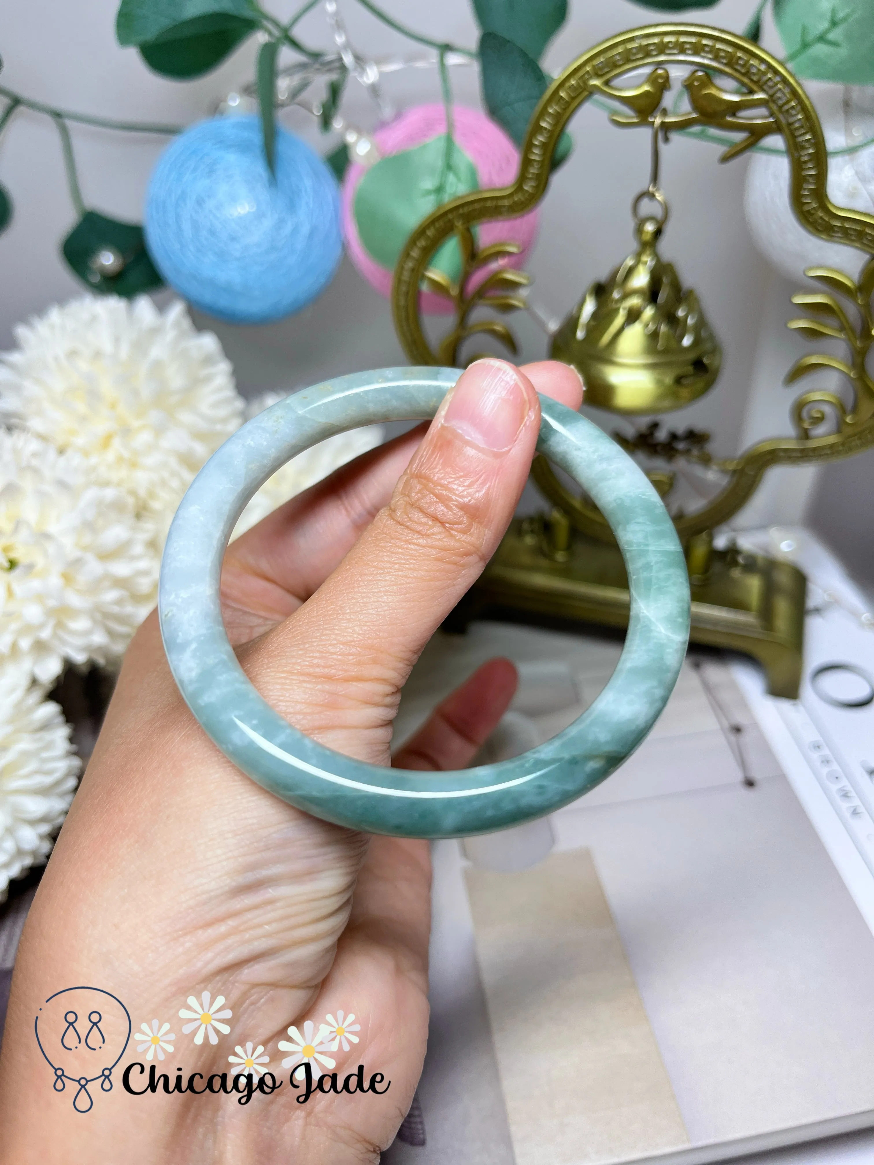 57.1mm Size M Half Green Half White Natural Jadeite Jade Feicui Bangle Handmade Gift
