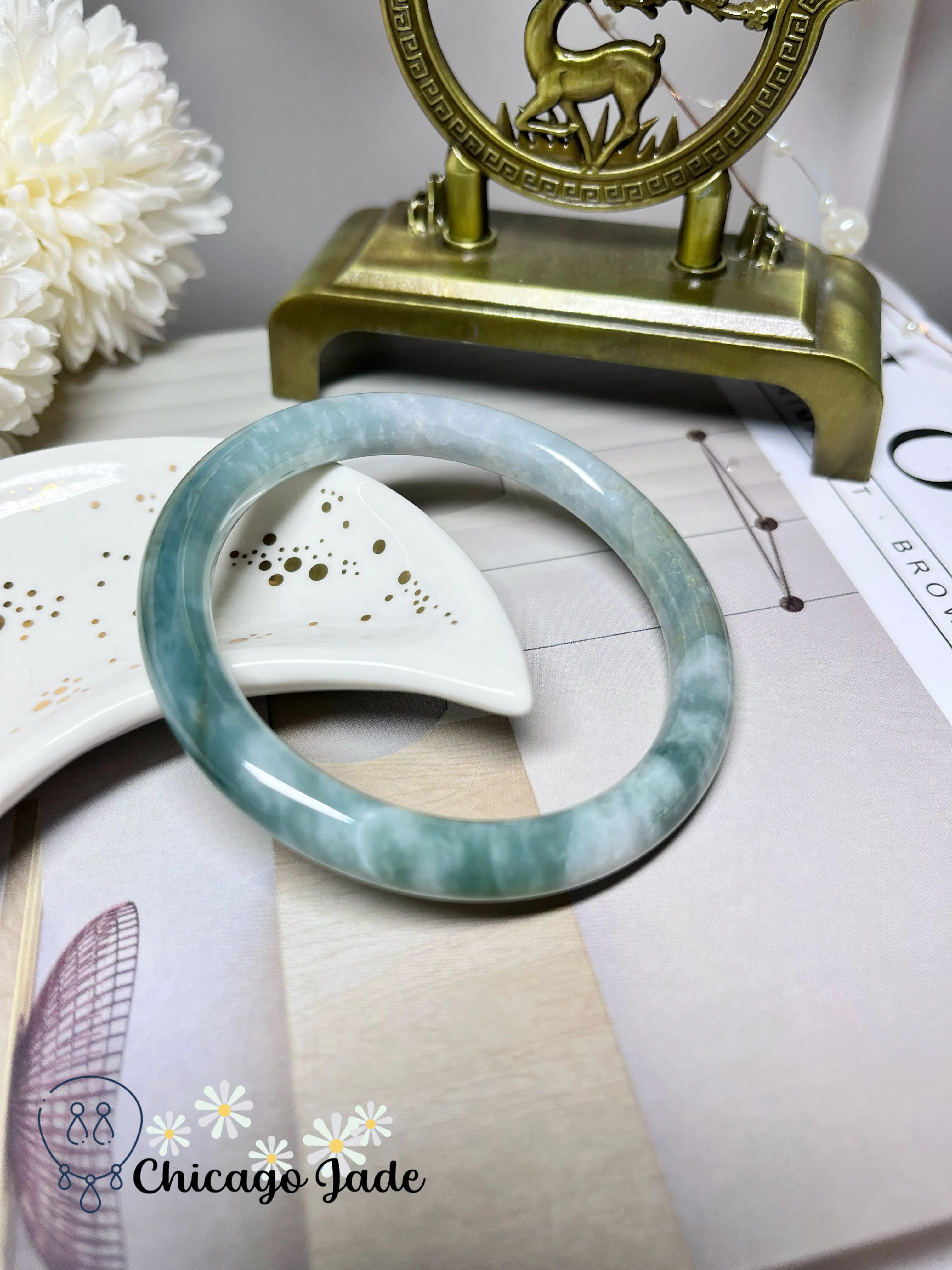 57.1mm Size M Half Green Half White Natural Jadeite Jade Feicui Bangle Handmade Gift