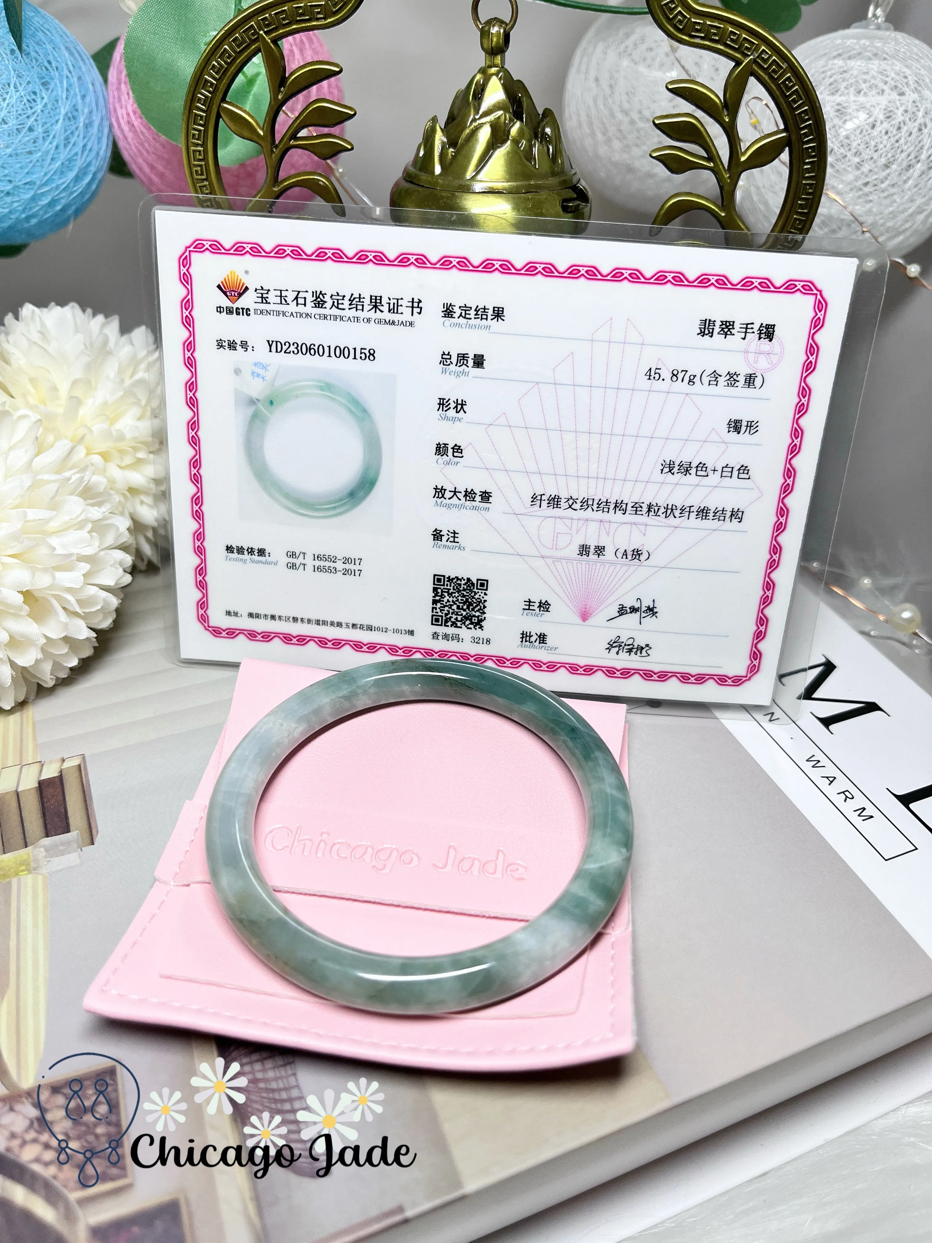 57.1mm Size M Half Green Half White Natural Jadeite Jade Feicui Bangle Handmade Gift