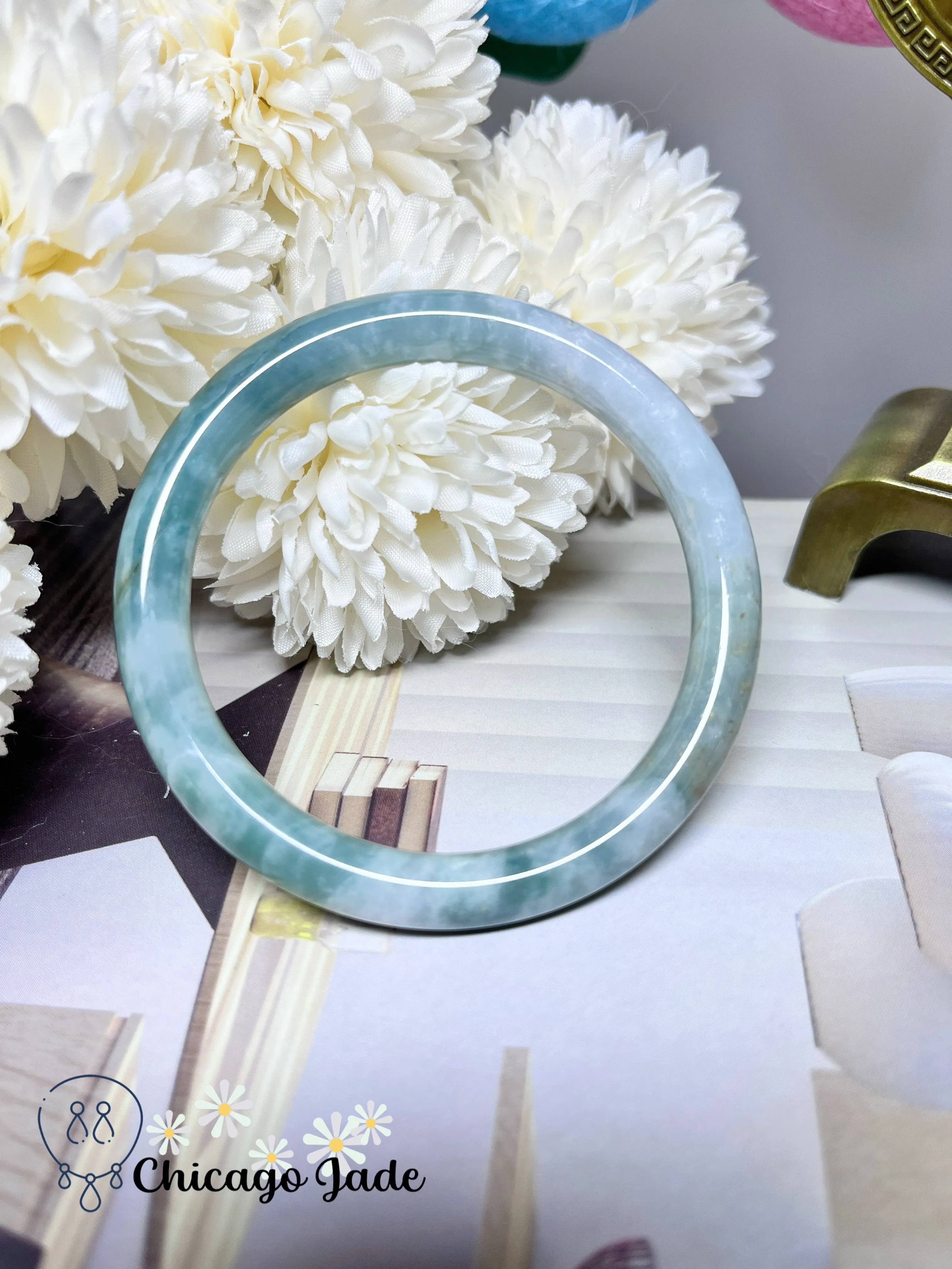 57.1mm Size M Half Green Half White Natural Jadeite Jade Feicui Bangle Handmade Gift