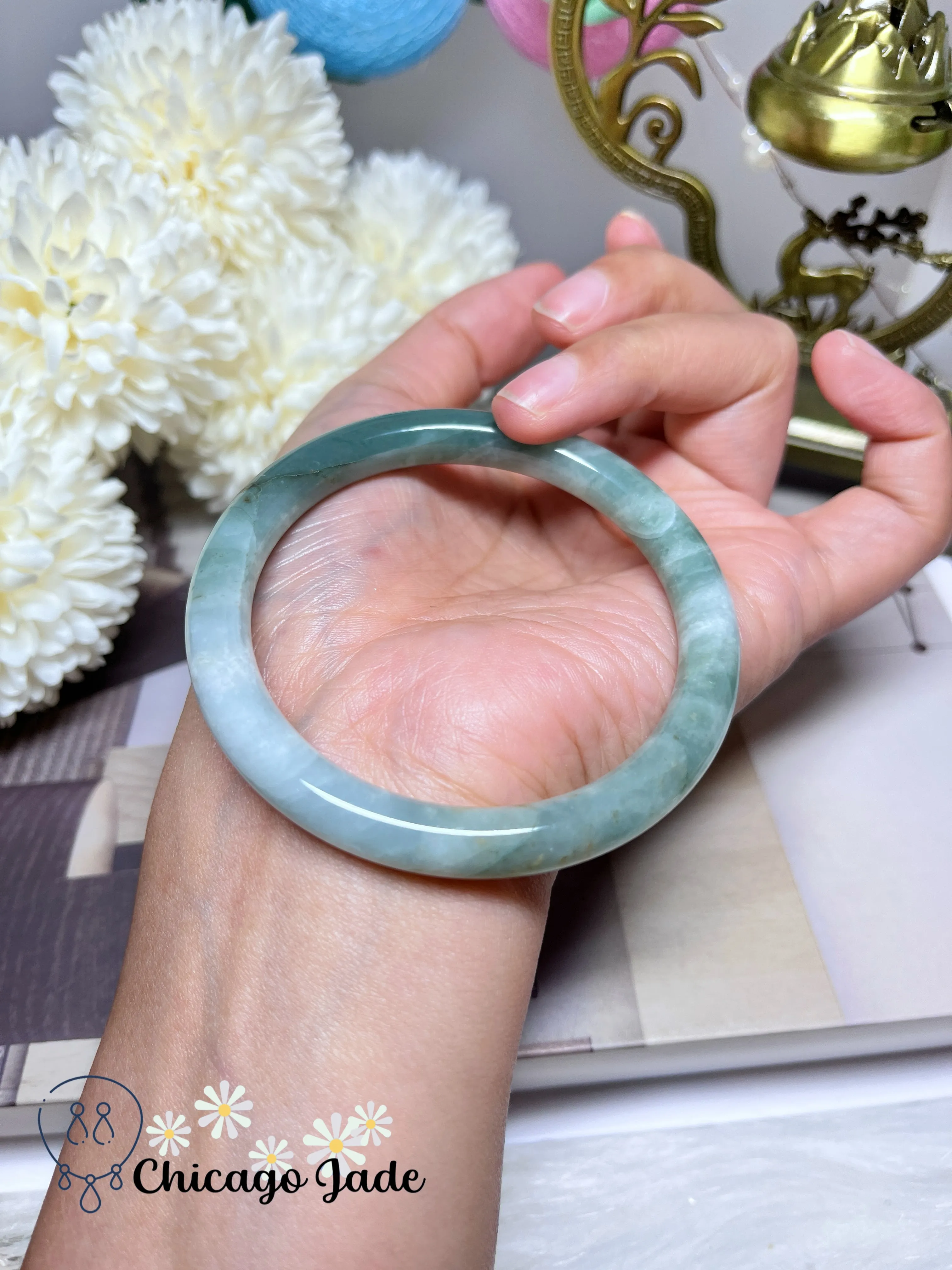 57.1mm Size M Half Green Half White Natural Jadeite Jade Feicui Bangle Handmade Gift
