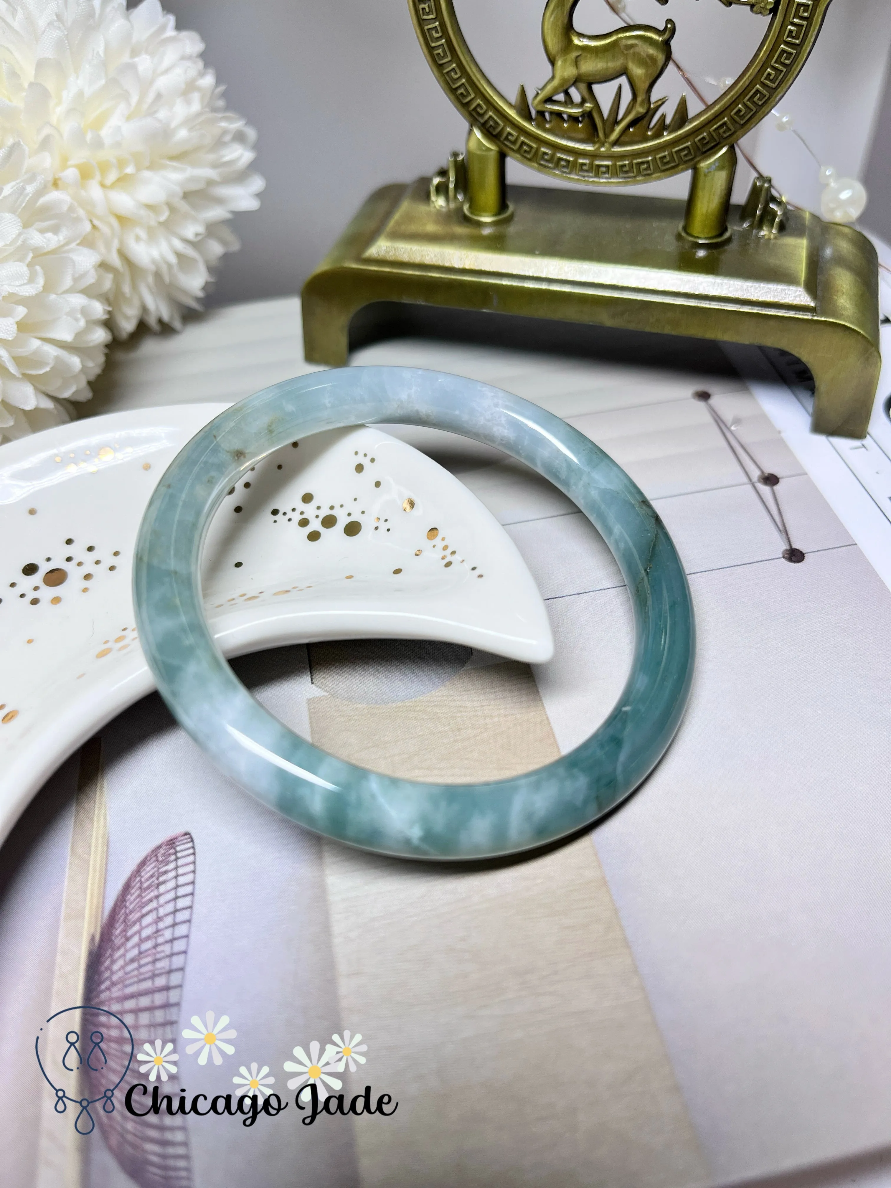 57.1mm Size M Half Green Half White Natural Jadeite Jade Feicui Bangle Handmade Gift