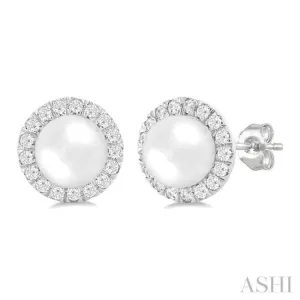 6 MM White Cultured Pearl and 1/4 ctw Round Cut Diamond Halo Stud Earrings in 10K White Gold