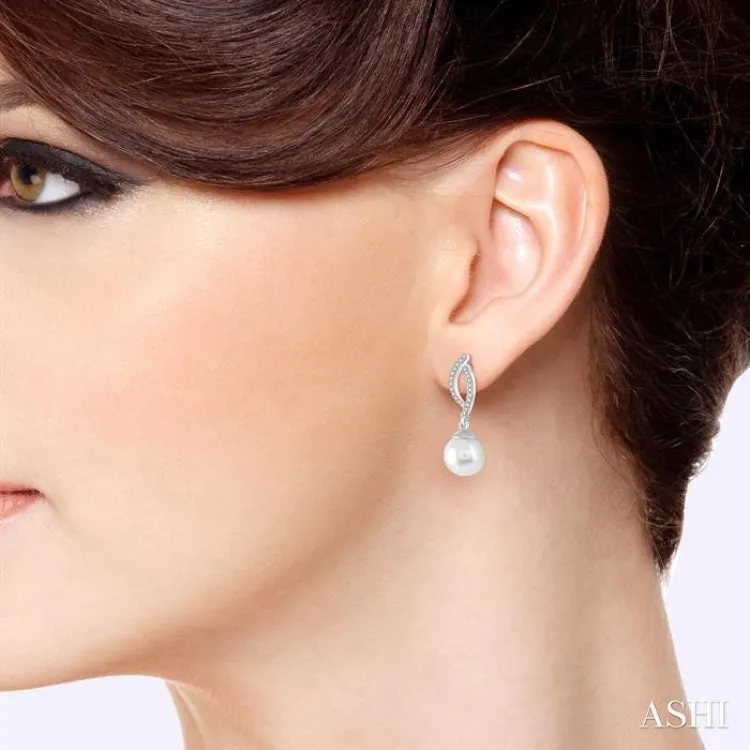 7x7 MM Round Cut Cultured Pearls and 1/6 ctw Round Cut Diamond Earrings in 14K White Gold