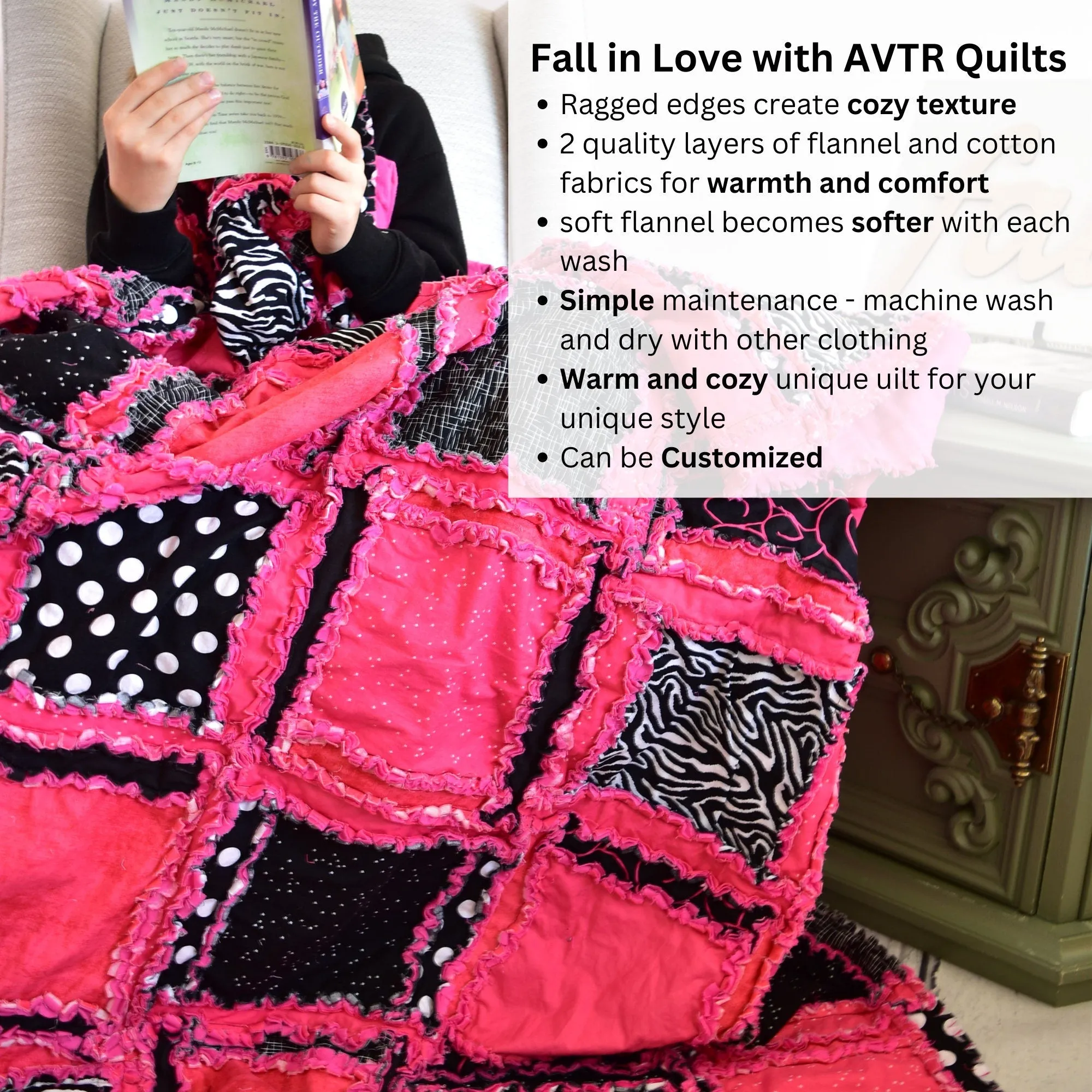 Black and Pink Quilt for Sale Handmade, Big Handmade Rag Quilts, Zebra Girl Bedding Twin Size & Queen Size Quilts