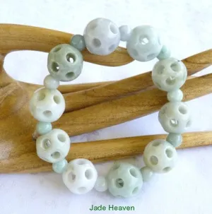 Burmese Jadeite Hollow Carved Bead Stretch Bracelet (JH-Bead-H)