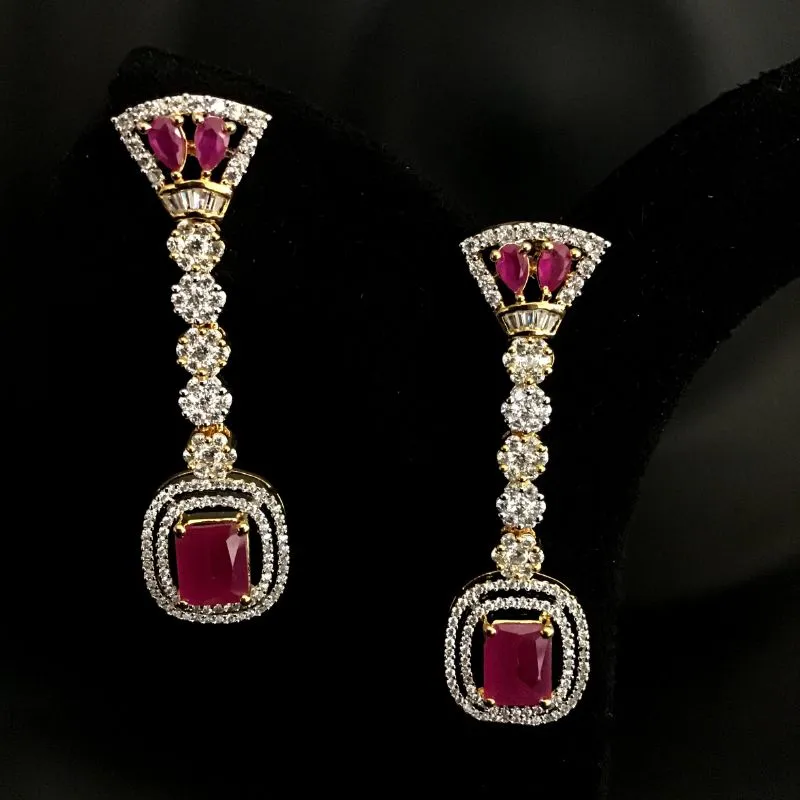Designer American Diamond Danglers With Ruby Stones In Two Tone