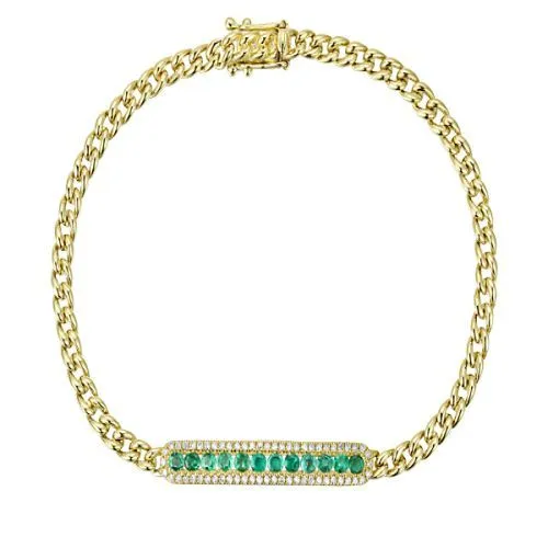 Emerald Diamond Bar Cuban Link Bracelet 7"