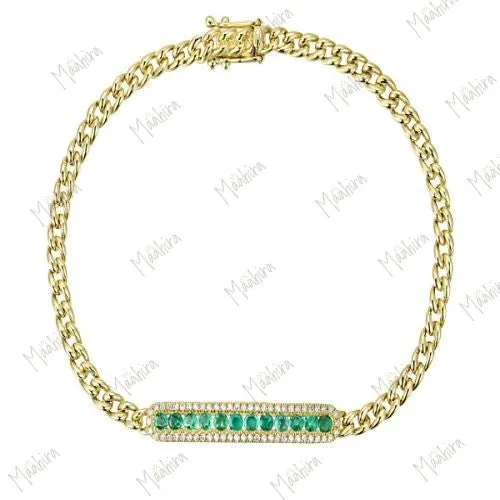 Emerald Diamond Bar Cuban Link Bracelet 7"