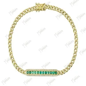 Emerald Diamond Bar Cuban Link Bracelet 7"