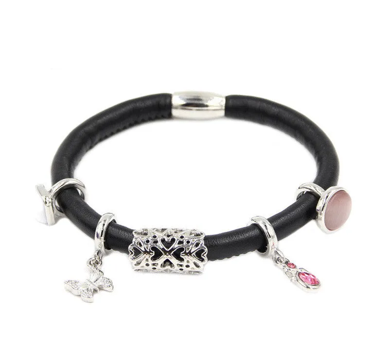 Endless Single Black Leather Bracelet with Rose Gold Plated Clasp
