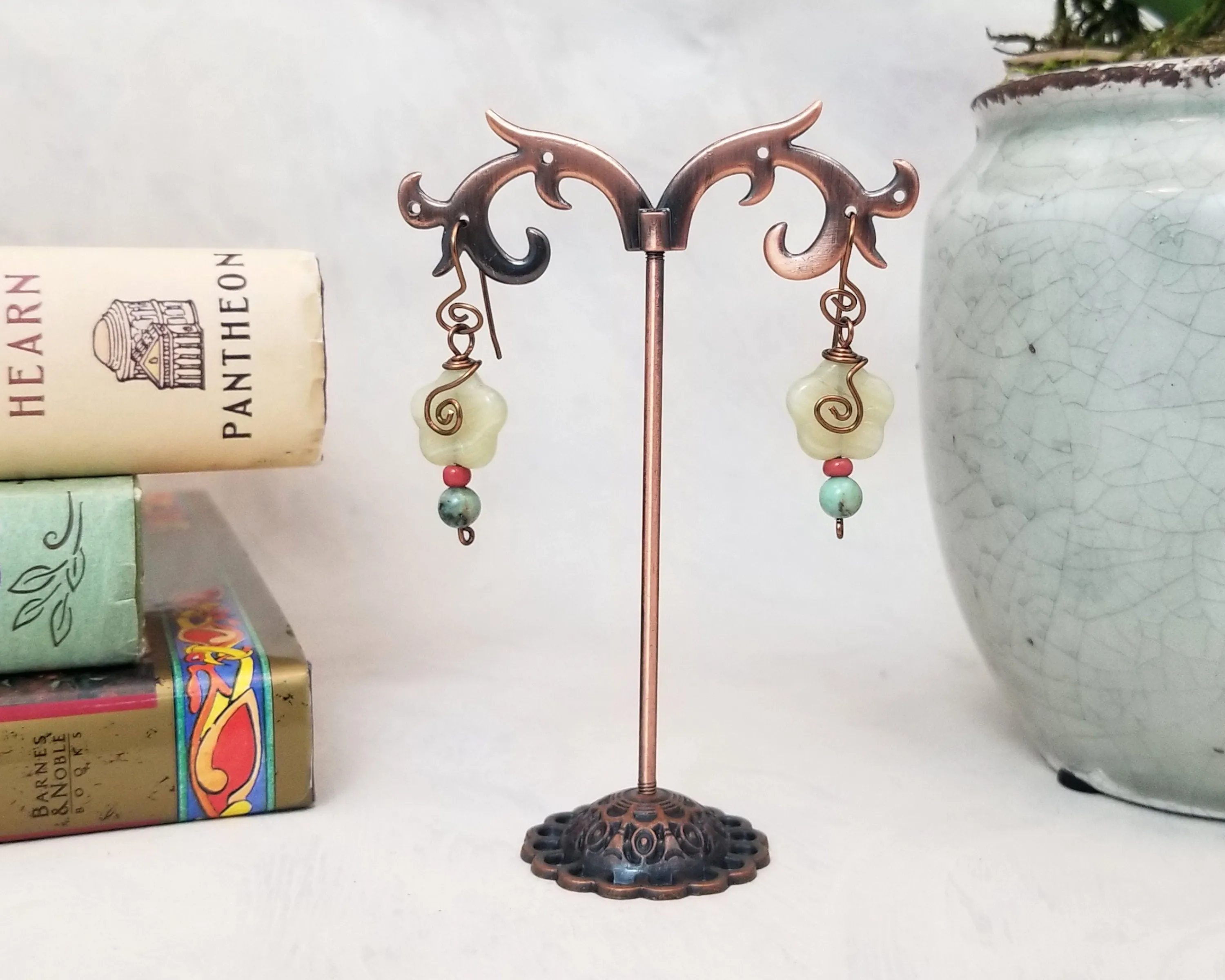 Glass Flower Earrings in Celery Green, Boho, Bohemian, Handmade