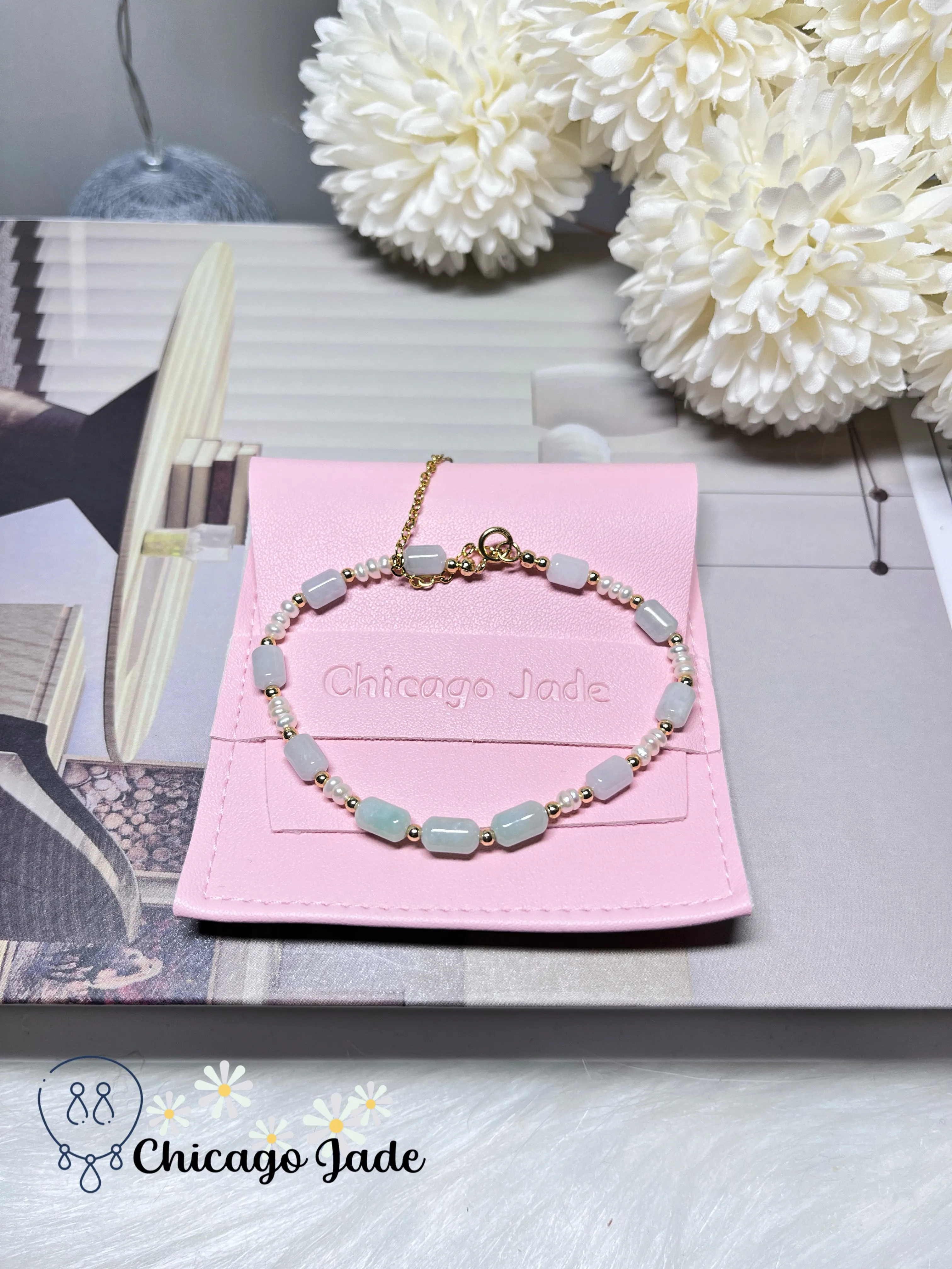 Natural Freshwater Pearl with Natural Untreated Grade A Burma Jadeite Jade Feicui Beaded Bracelet