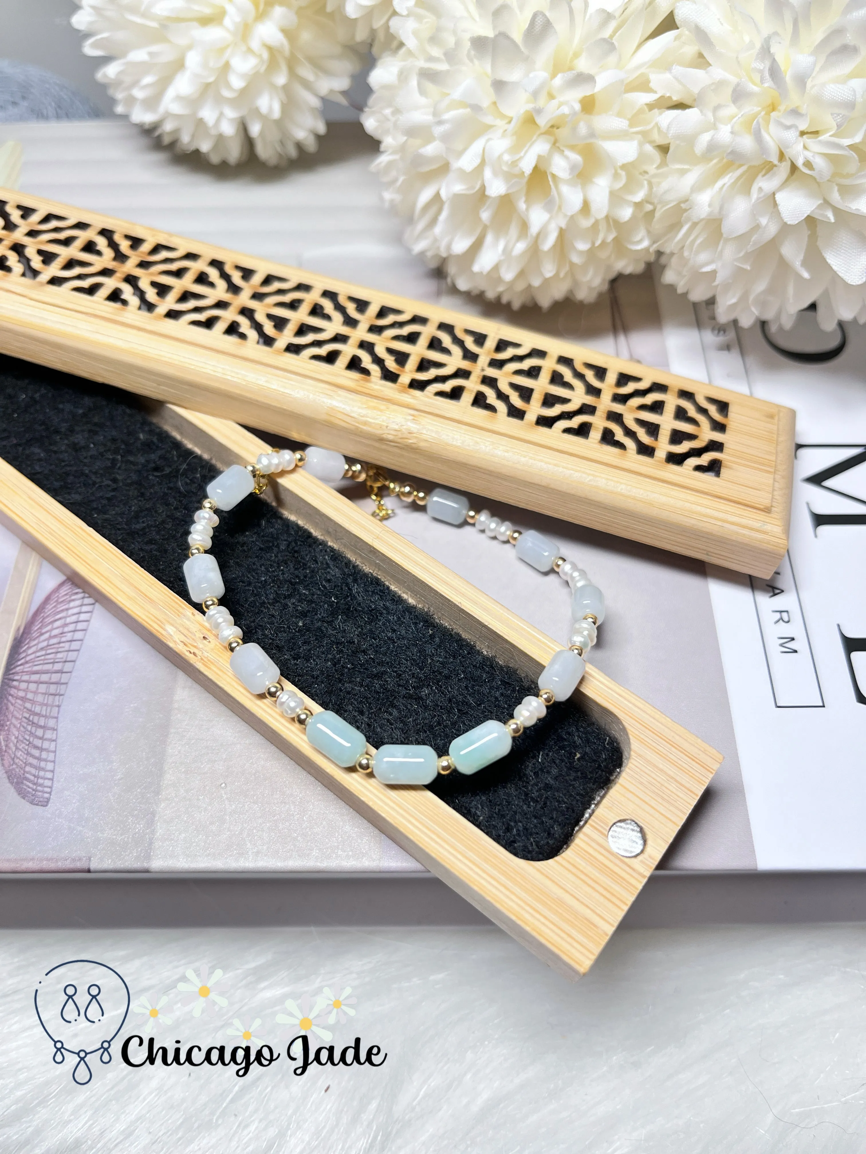 Natural Freshwater Pearl with Natural Untreated Grade A Burma Jadeite Jade Feicui Beaded Bracelet