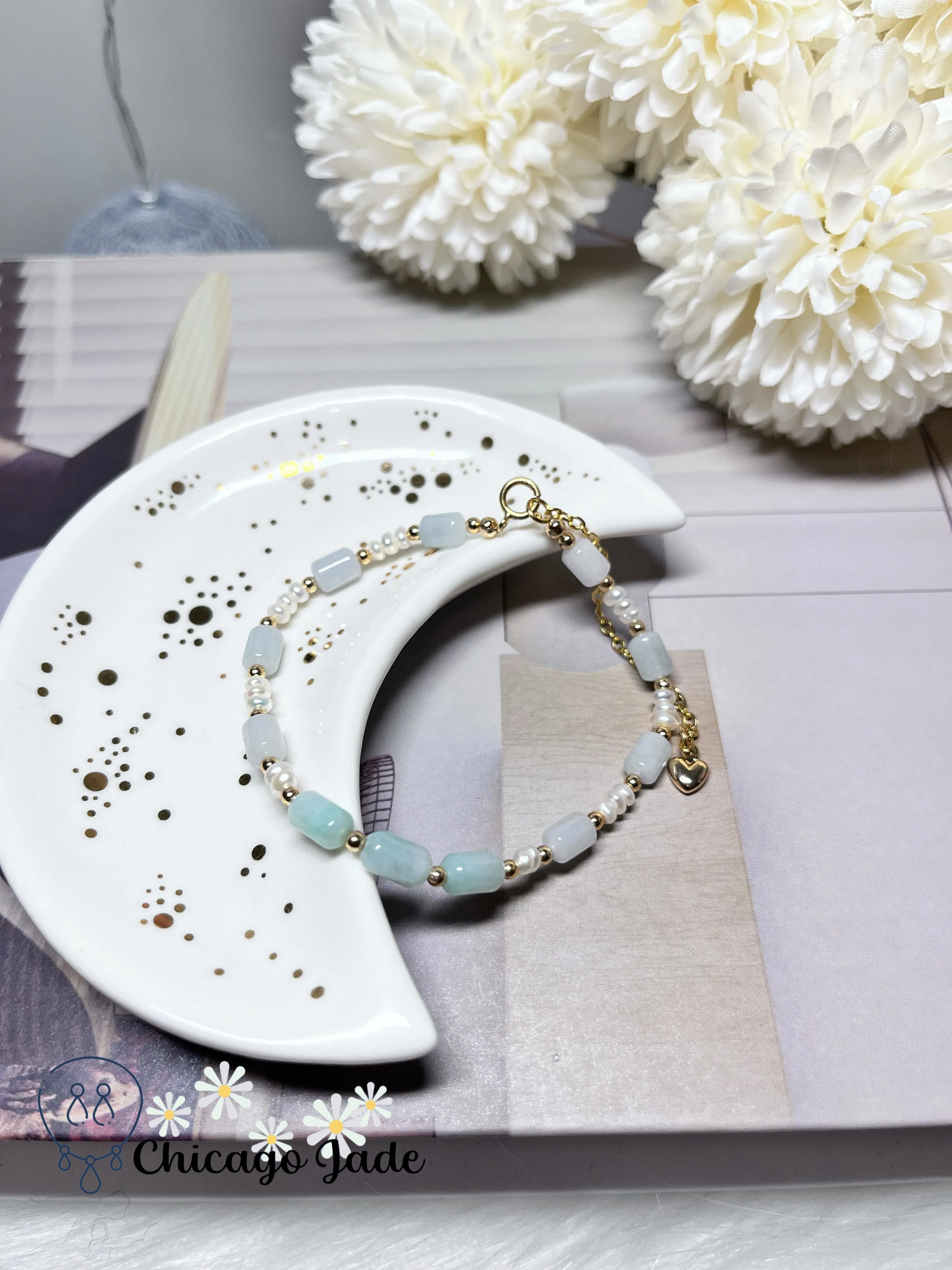 Natural Freshwater Pearl with Natural Untreated Grade A Burma Jadeite Jade Feicui Beaded Bracelet