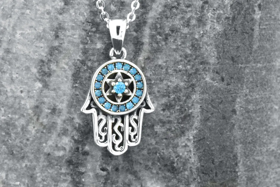 Sterling Silver Blue Hamsa Hand of Fatima Protection Pendant Adjustable Necklace