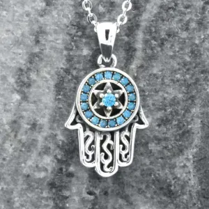 Sterling Silver Blue Hamsa Hand of Fatima Protection Pendant Adjustable Necklace