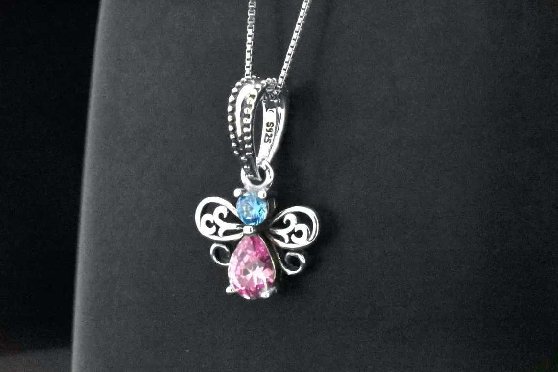 Sterling Silver Blue Topaz & Created Pink Sapphire Angel Pendant Necklace