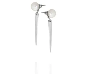 Stg Fresh Water White 7mm Button Pearl Studs with 30mm Dagger Drop Earrings