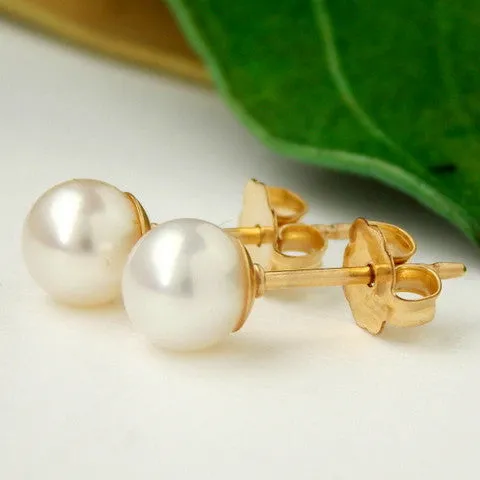 White Freshwater Pearl Stud Earrings, Timeless Gold Pearl Earrings, Real Pearl Sterling Silver Studs