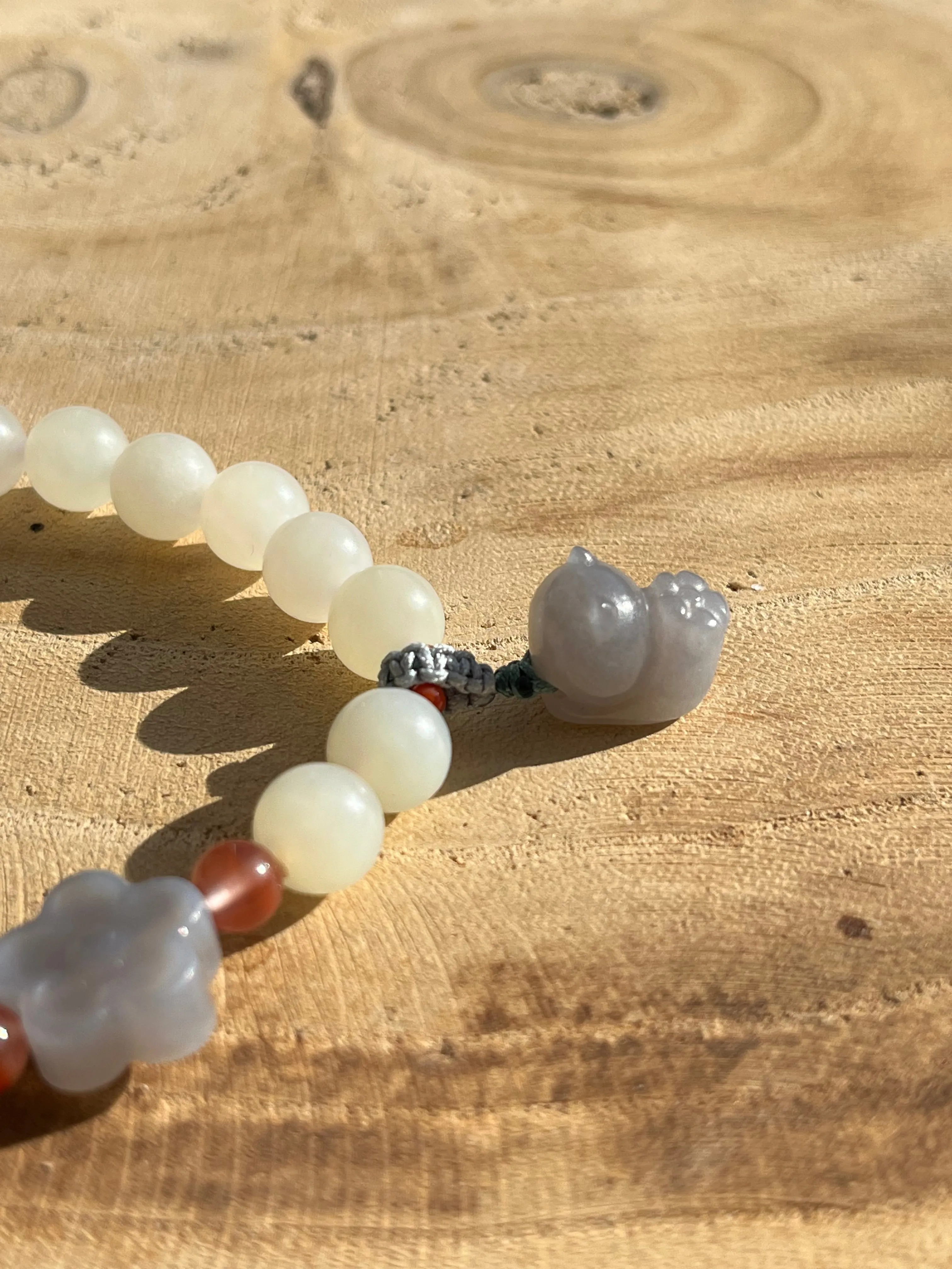 White Jade Bracelet with 8mm Bead and a Hand Carved Purple Jade Cat