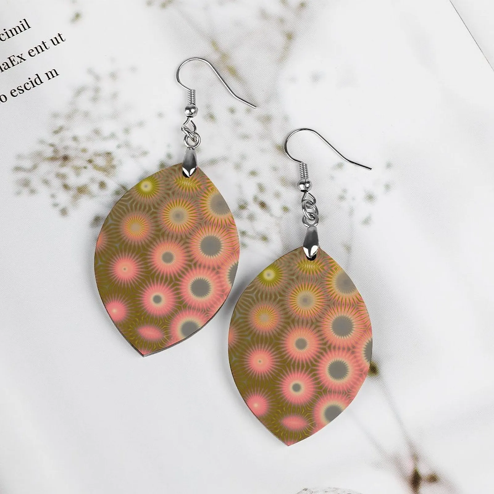 Wooden Oval Earrings Wildflowers Coral Green