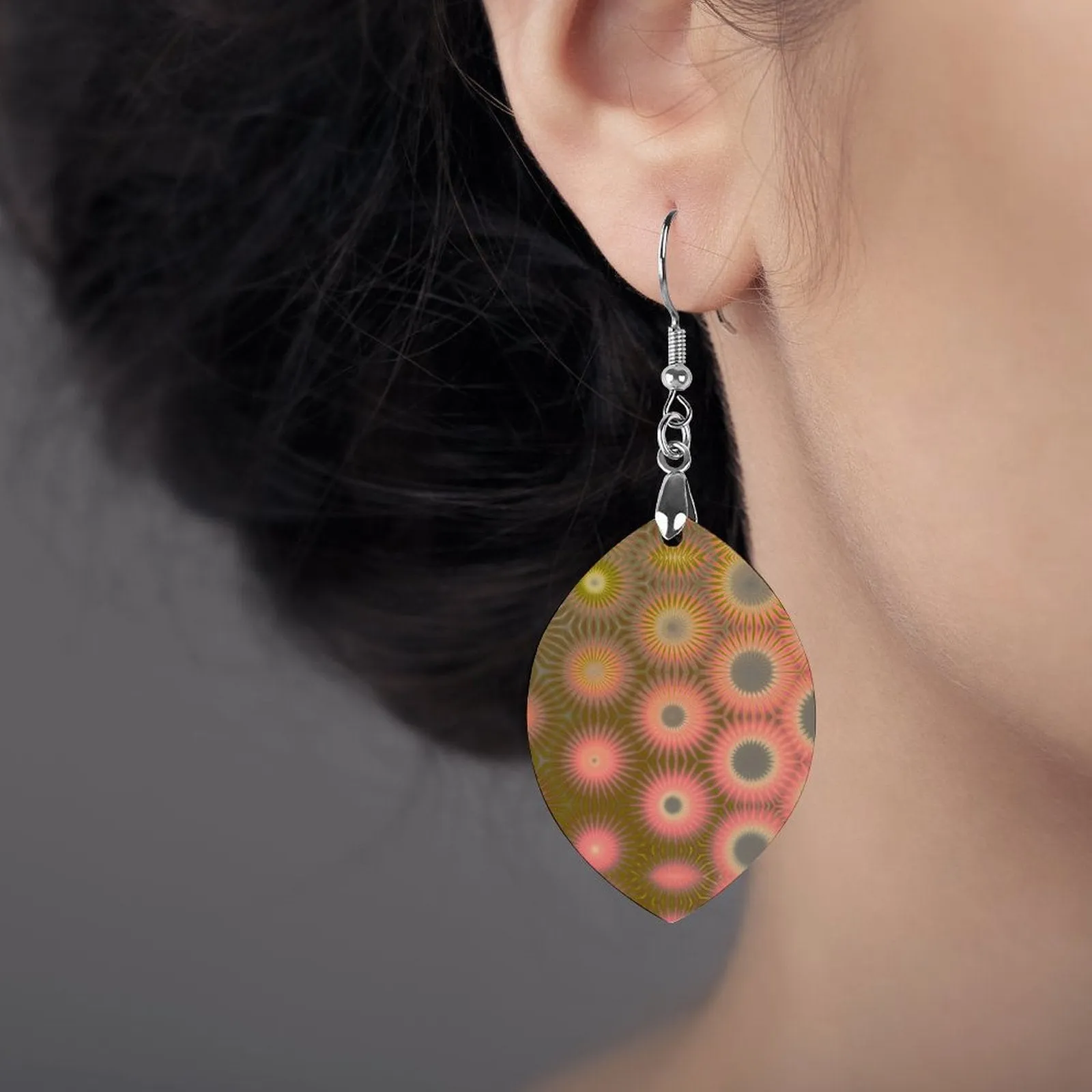 Wooden Oval Earrings Wildflowers Coral Green