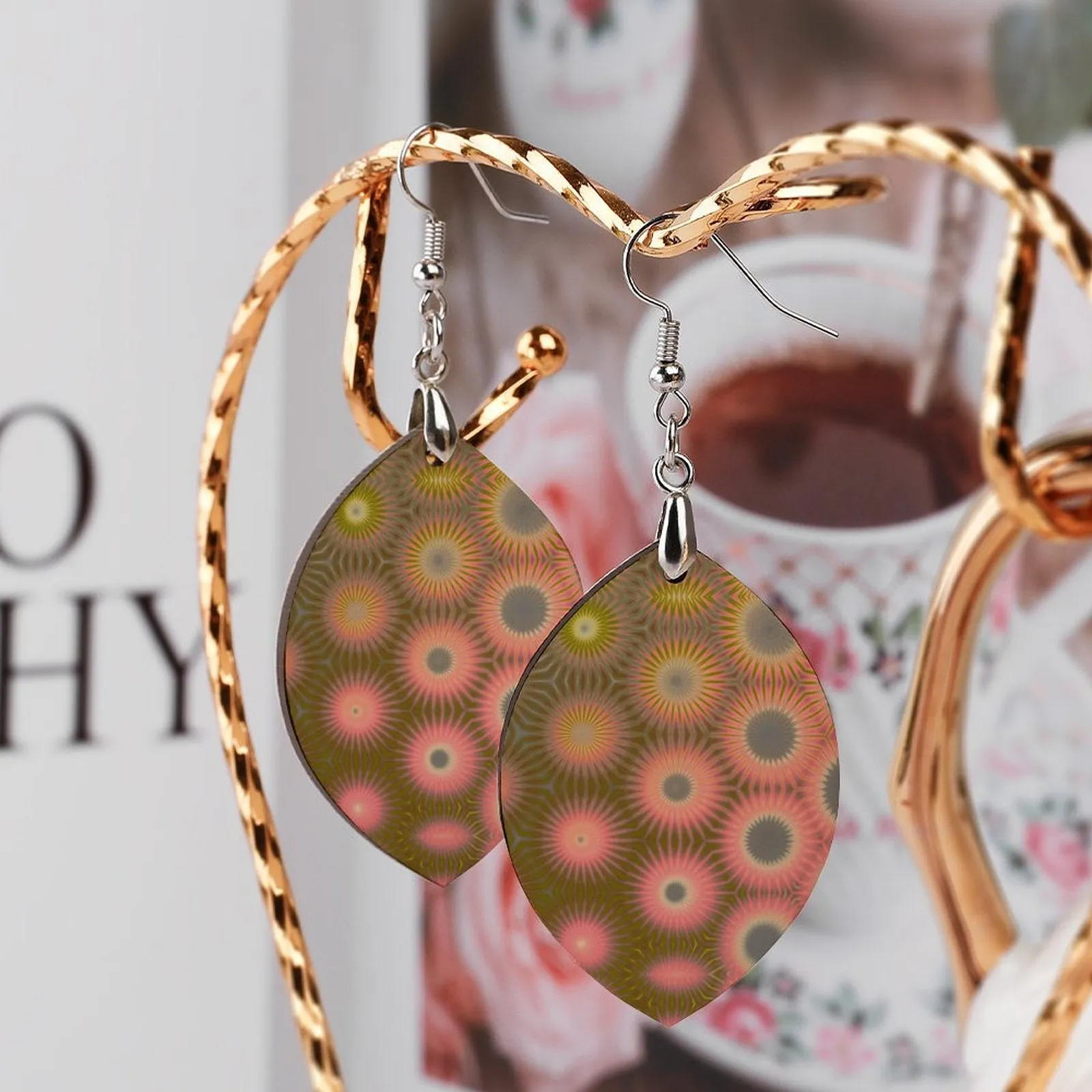 Wooden Oval Earrings Wildflowers Coral Green